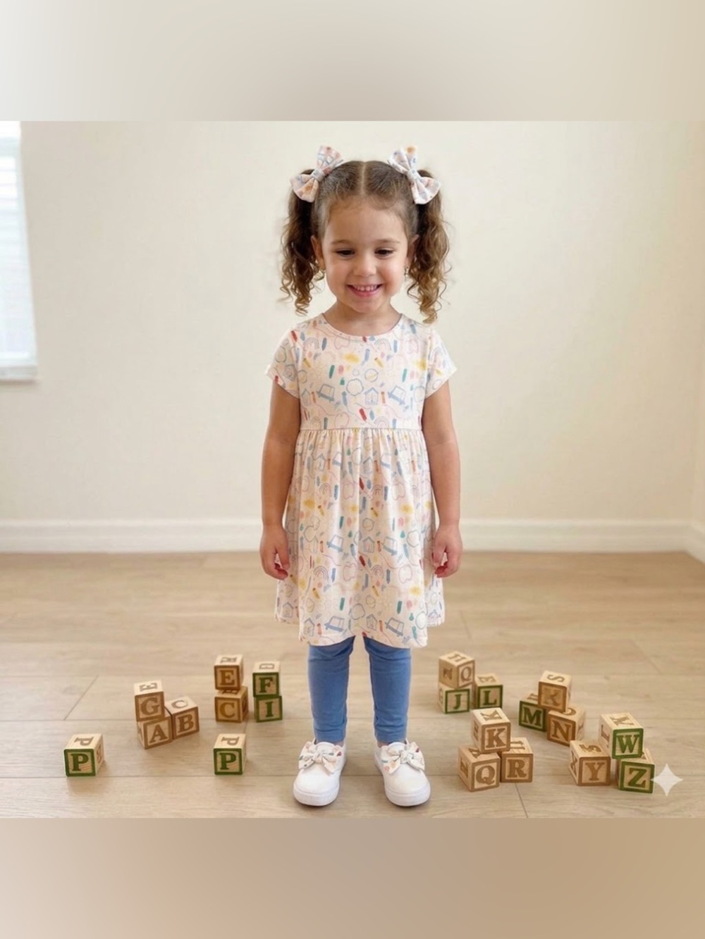 Magnetic Me Cream Dress with Multicolor School Print and Blue Accents Size 5
